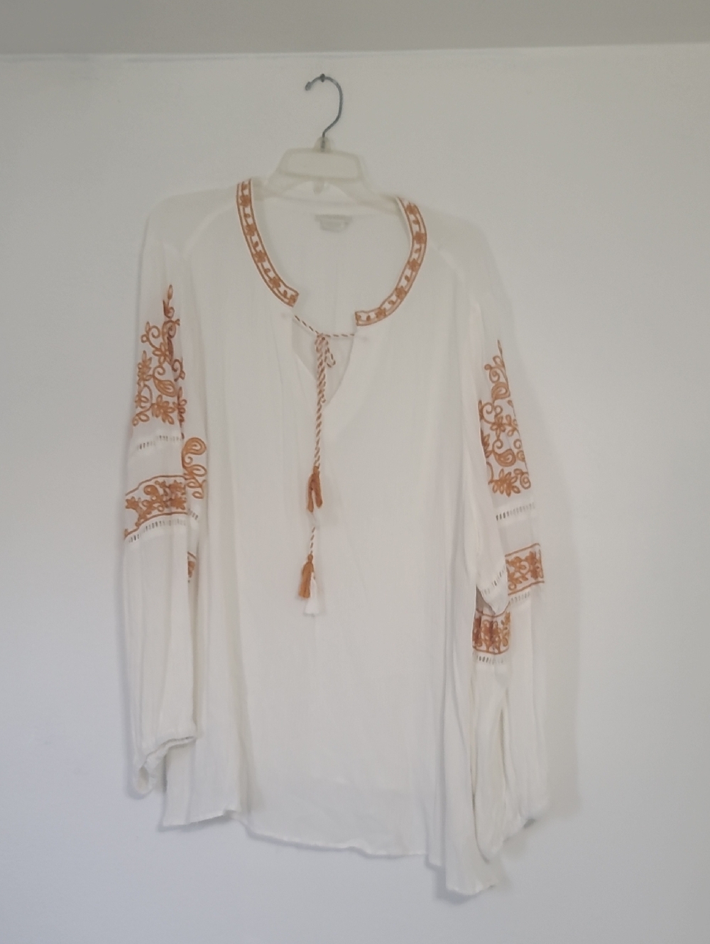 White Embroidered Peasant Blouse with Gold Accents & Tassle